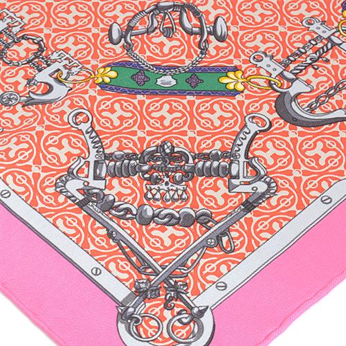 エルメス スカーフ レディース カレ40 MORS et Gourmettes　馬銜と鎖 ハンカチ ピンク系 シルク HERMES 中古