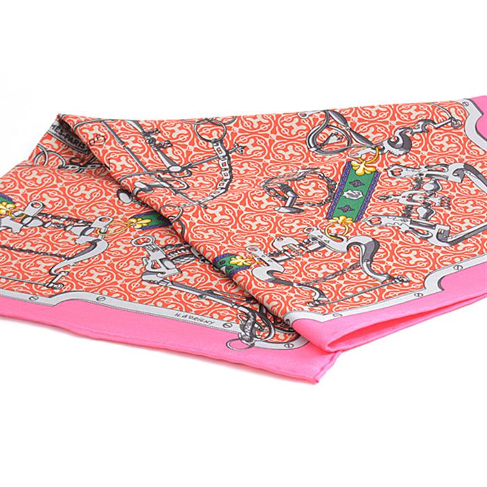 エルメス スカーフ レディース カレ40 MORS et Gourmettes　馬銜と鎖 ハンカチ ピンク系 シルク HERMES 中古