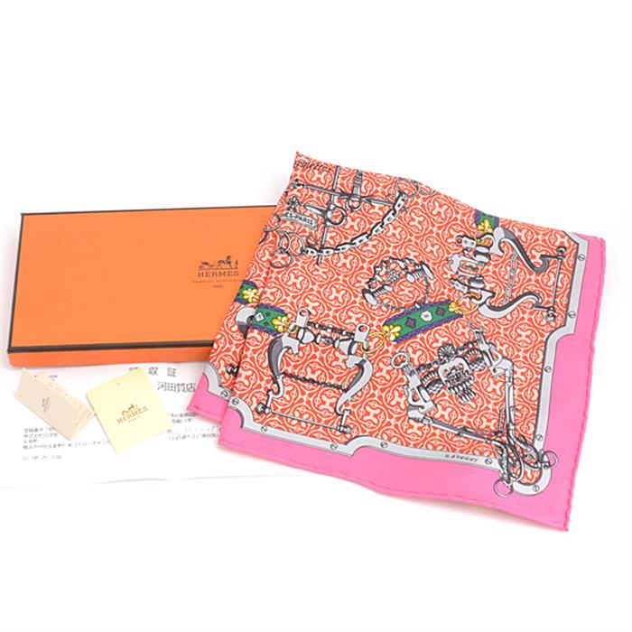 エルメス スカーフ レディース カレ40 MORS et Gourmettes　馬銜と鎖 ハンカチ ピンク系 シルク HERMES 中古