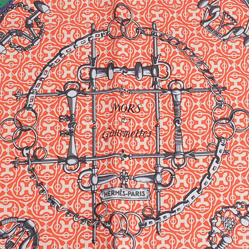 エルメス スカーフ レディース カレ40 MORS et Gourmettes　馬銜と鎖 ハンカチ ピンク系 シルク HERMES 中古