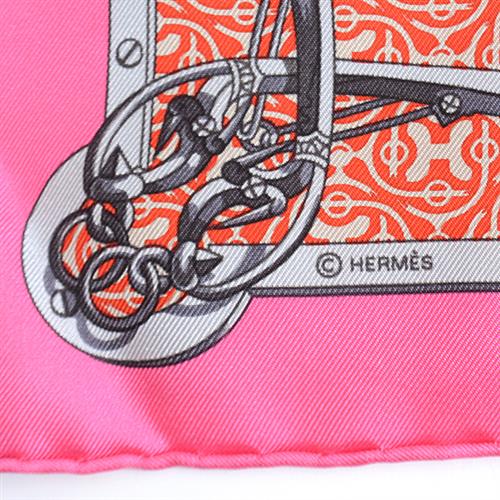 エルメス スカーフ レディース カレ40 MORS et Gourmettes　馬銜と鎖 ハンカチ ピンク系 シルク HERMES 中古