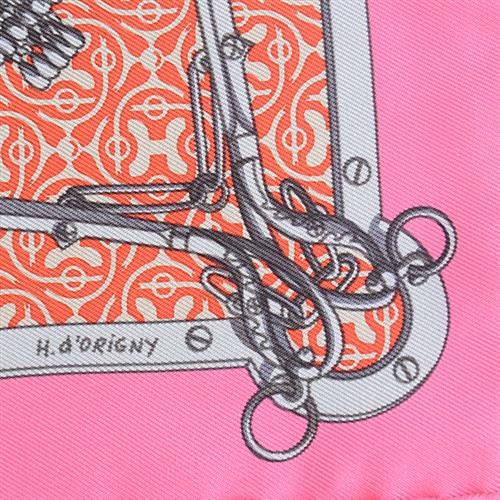 エルメス スカーフ レディース カレ40 MORS et Gourmettes　馬銜と鎖 ハンカチ ピンク系 シルク HERMES 中古