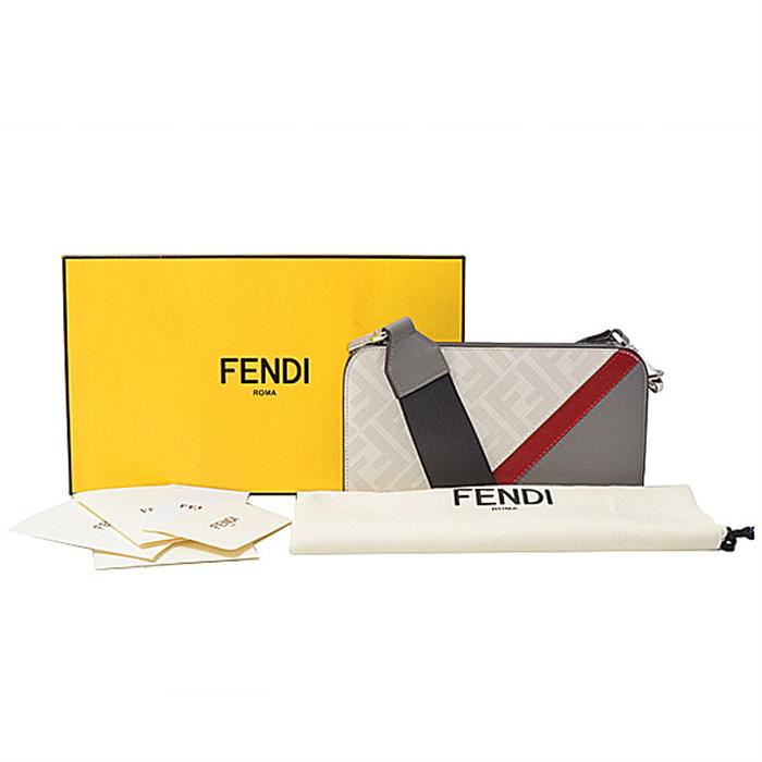 フェンディ バッグ レディース ズッカ クロスボディ ウォレット ショルダーバッグ カーフ グレー×ホワイト×レッド FENDI 7M0346 中古