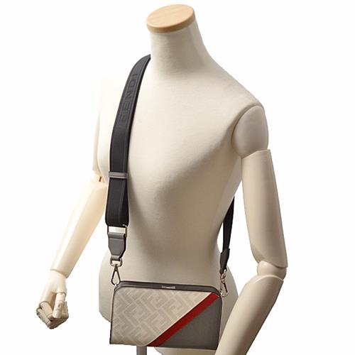 フェンディ バッグ レディース ズッカ クロスボディ ウォレット ショルダーバッグ カーフ グレー×ホワイト×レッド FENDI 7M0346 中古