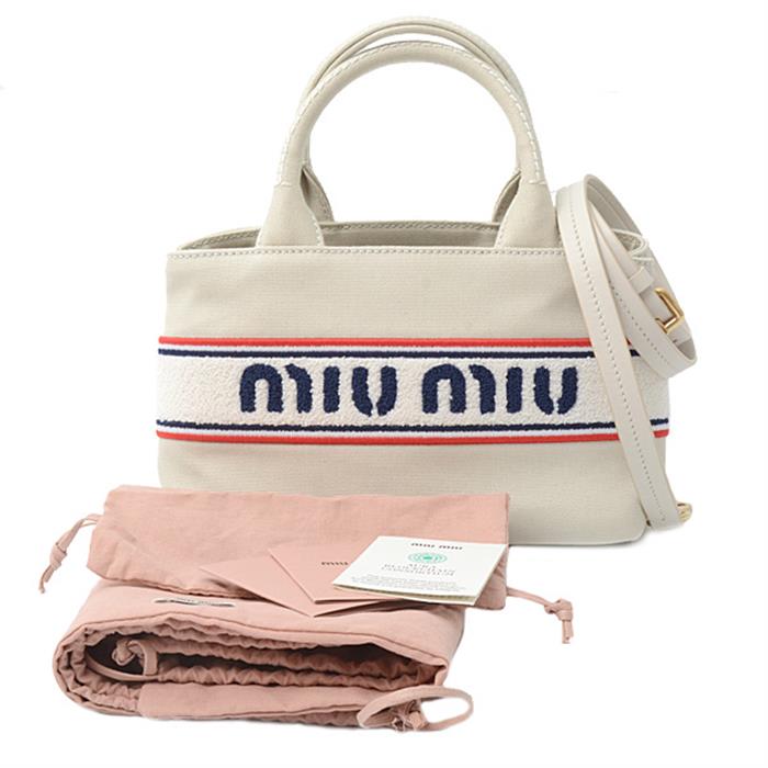 ミュウミュウ バッグ レディース 2WAY ハンドバッグ ロゴ入り キャンバス オフホワイト MIU MIU 5BA253 中古