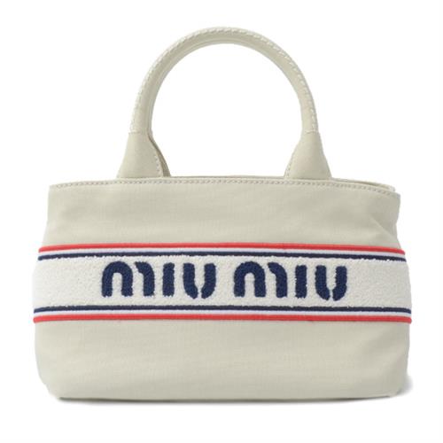 ミュウミュウ バッグ レディース 2WAY ハンドバッグ ロゴ入り キャンバス オフホワイト MIU MIU 5BA253 中古