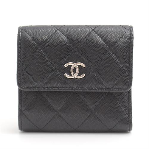 シャネル 財布 レディース マトラッセ 三つ折り財布 コンパクトウォレット ブラック キャビアスキン CHANEL 中古