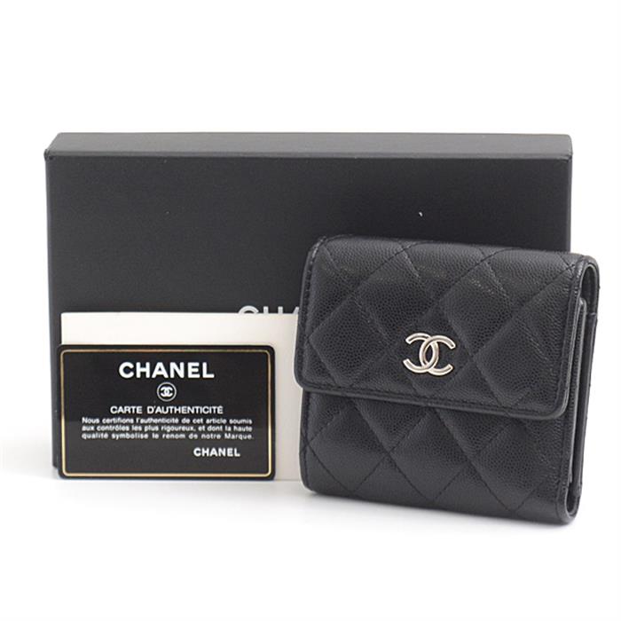 シャネル 財布 レディース マトラッセ 三つ折り財布 コンパクトウォレット ブラック キャビアスキン CHANEL 中古