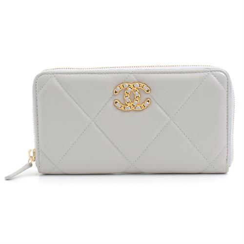 シャネル 財布 レディース シャネル19 ラウンドファスナー長財布 グレー ラムスキン CHANEL 中古