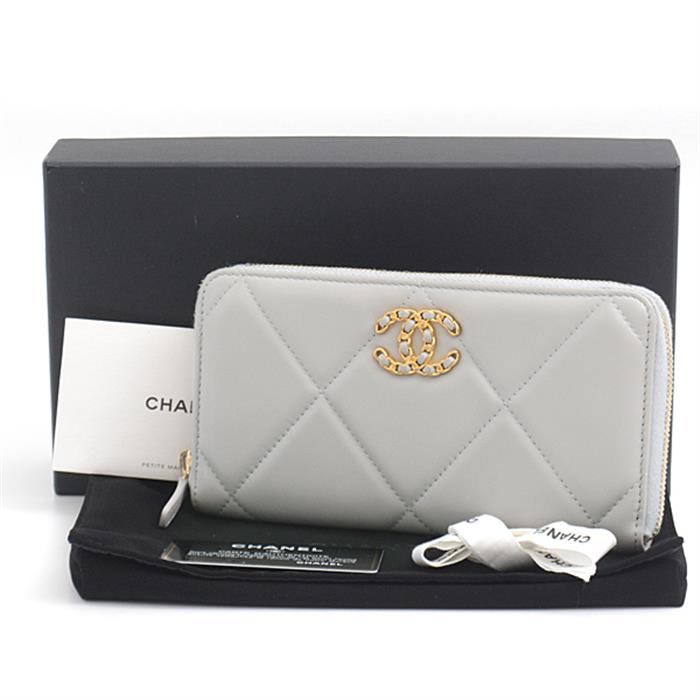 シャネル 財布 レディース シャネル19 ラウンドファスナー長財布 グレー ラムスキン CHANEL 中古